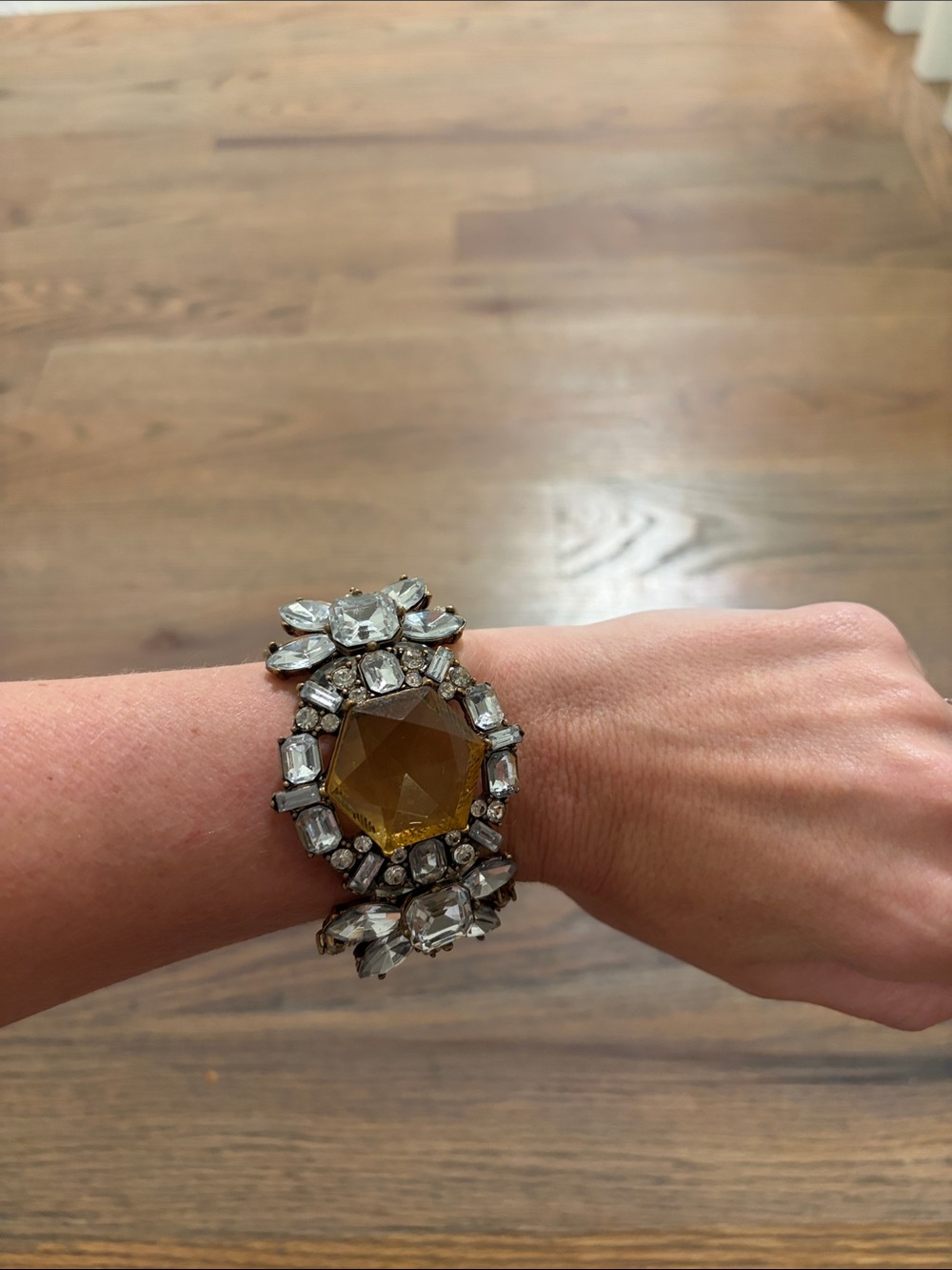 vintage Statement Statement Cuff Bracelet in Amber and Clear Stones EUC